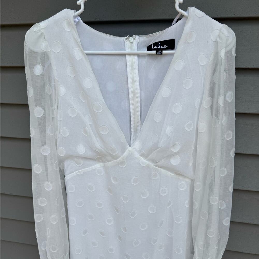 🧡SALE Lulus size M Just Spotted White Polka Dot Ruffled V-Neck Mini Dress - Picture 4 of 12